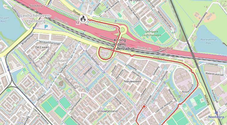Kaart van de omgeving van de melding, met de kazerne die is gealarmeerd