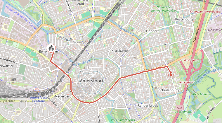 Kaart van de omgeving van de melding, met de kazerne die is gealarmeerd