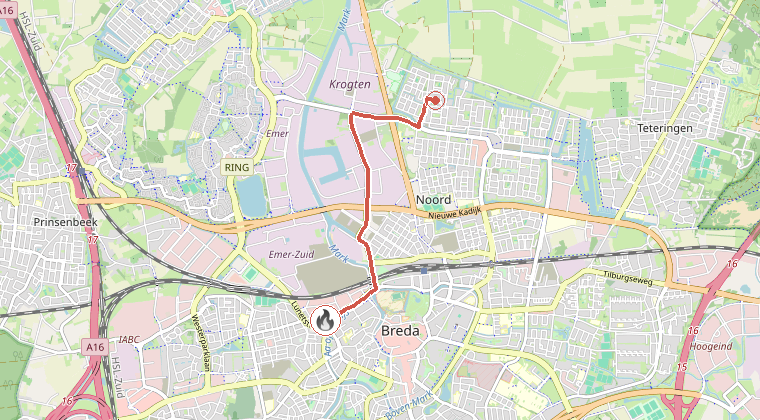 Kaart van de omgeving van de melding, met de kazerne die is gealarmeerd