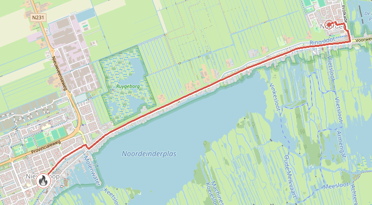 Kaart van de omgeving van de melding, met de kazerne die is gealarmeerd