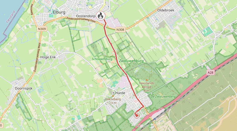 Kaart van de omgeving van de melding, met de kazerne die is gealarmeerd