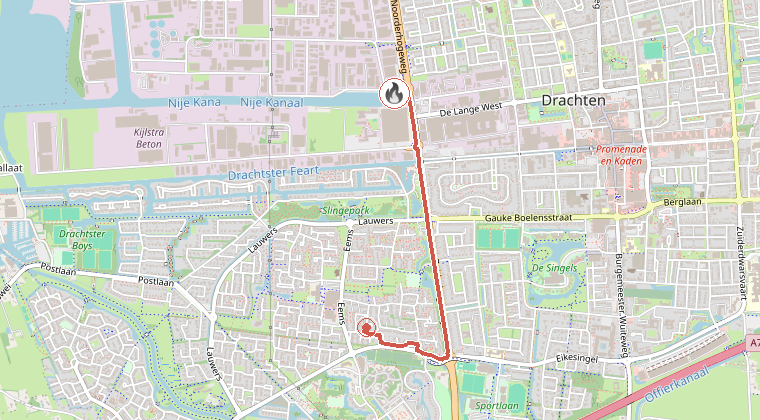Kaart van de omgeving van de melding, met de kazerne die is gealarmeerd