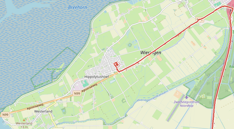 Kaart van de omgeving van de melding, met de kazerne die is gealarmeerd