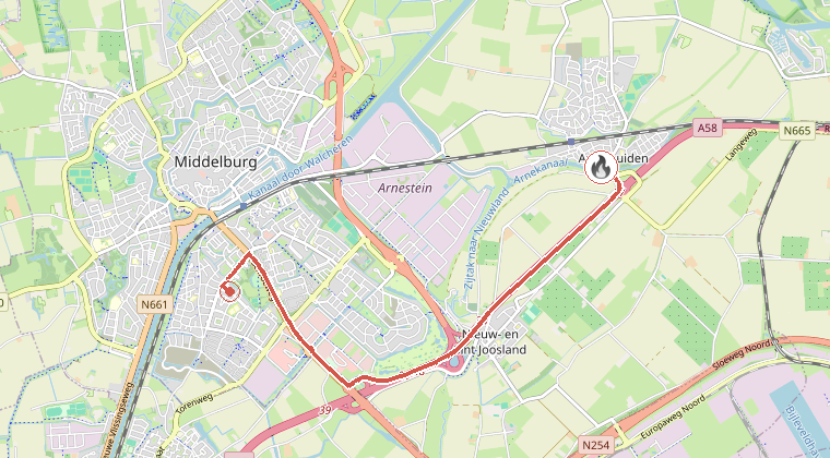 Kaart van de omgeving van de melding, met de kazerne die is gealarmeerd