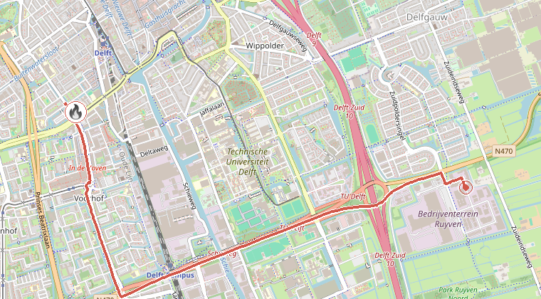 Kaart van de omgeving van de melding, met de kazerne die is gealarmeerd