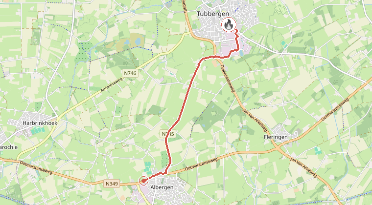 Kaart van de omgeving van de melding, met de kazerne die is gealarmeerd