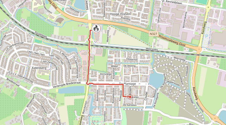 Kaart van de omgeving van de melding, met de kazerne die is gealarmeerd
