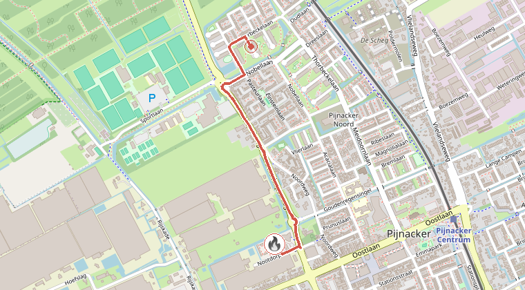 Kaart van de omgeving van de melding, met de kazerne die is gealarmeerd