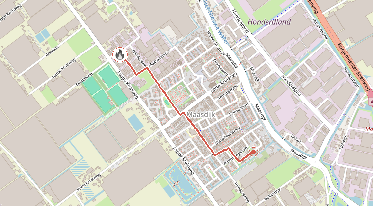 Kaart van de omgeving van de melding, met de kazerne die is gealarmeerd