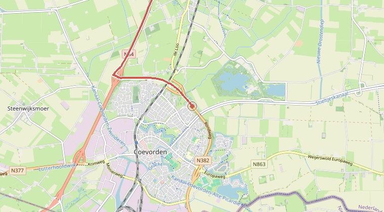 Kaart van de omgeving van de melding, met de kazerne die is gealarmeerd