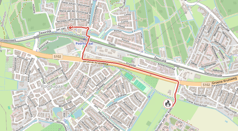 Kaart van de omgeving van de melding, met de kazerne die is gealarmeerd