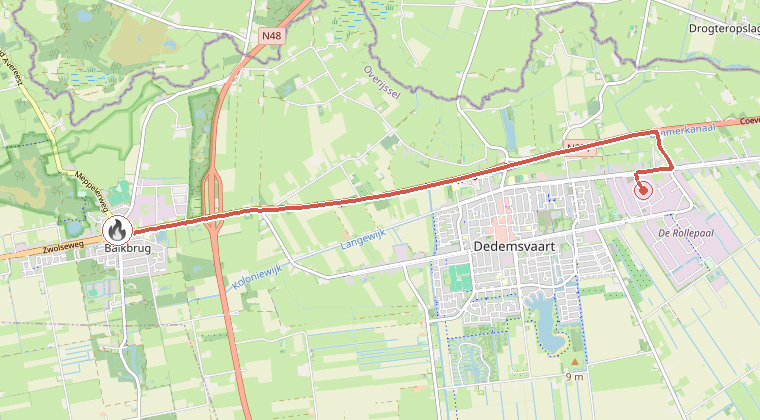 Kaart van de omgeving van de melding, met de kazerne die is gealarmeerd