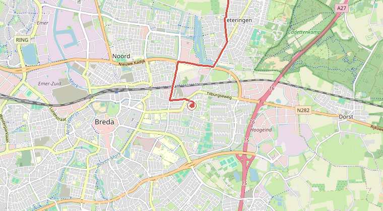 Kaart van de omgeving van de melding, met de kazerne die is gealarmeerd