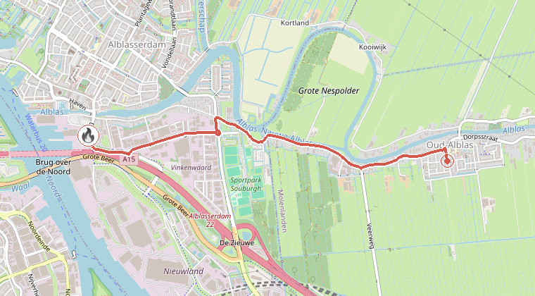 Kaart van de omgeving van de melding, met de kazerne die is gealarmeerd