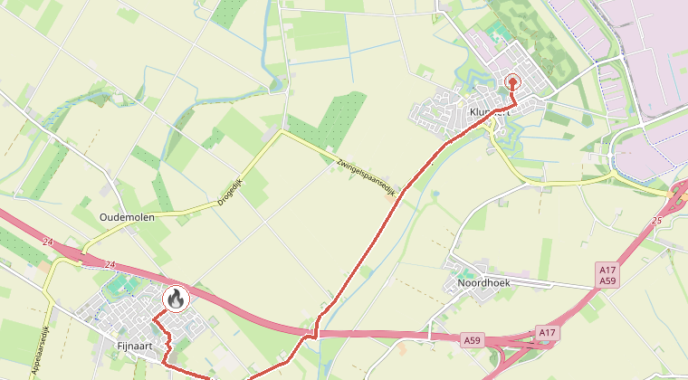 Kaart van de omgeving van de melding, met de kazerne die is gealarmeerd