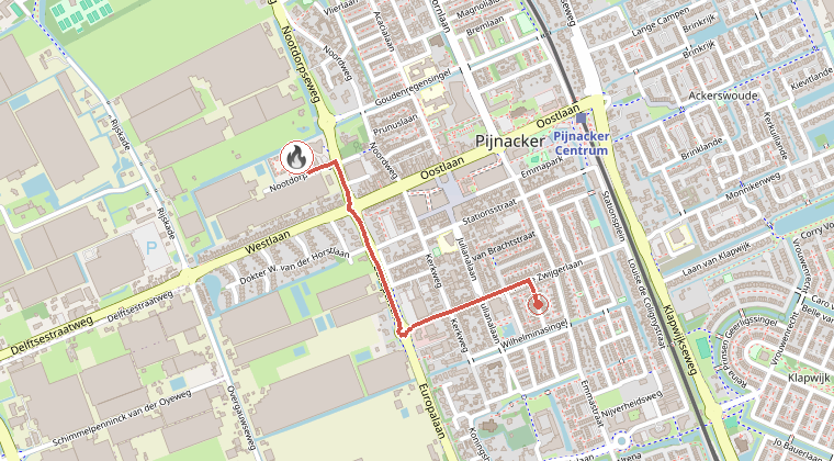 Kaart van de omgeving van de melding, met de kazerne die is gealarmeerd