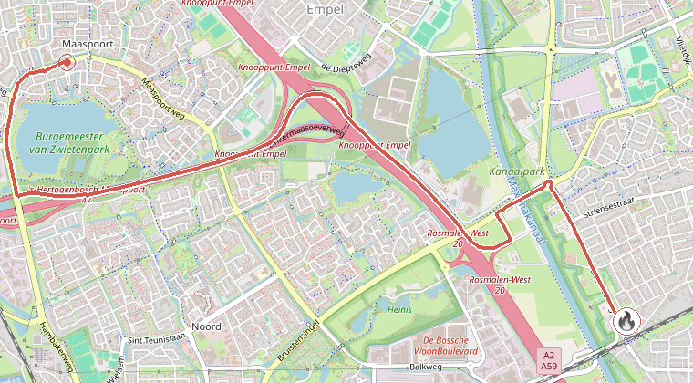 Kaart van de omgeving van de melding, met de kazerne die is gealarmeerd