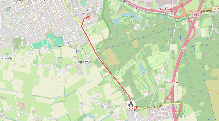 Kaart van de omgeving van de melding, met de kazerne die is gealarmeerd