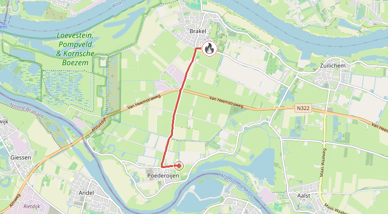 Kaart van de omgeving van de melding, met de kazerne die is gealarmeerd