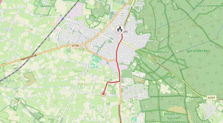 Kaart van de omgeving van de melding, met de kazerne die is gealarmeerd