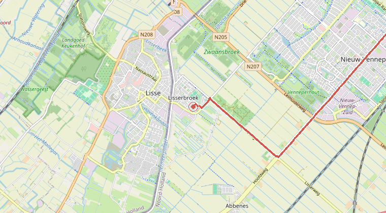 Kaart van de omgeving van de melding, met de kazerne die is gealarmeerd