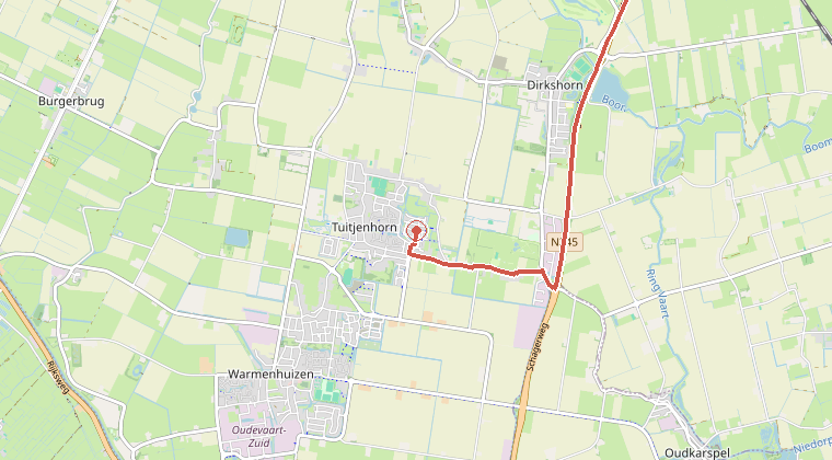 Kaart van de omgeving van de melding, met de kazerne die is gealarmeerd