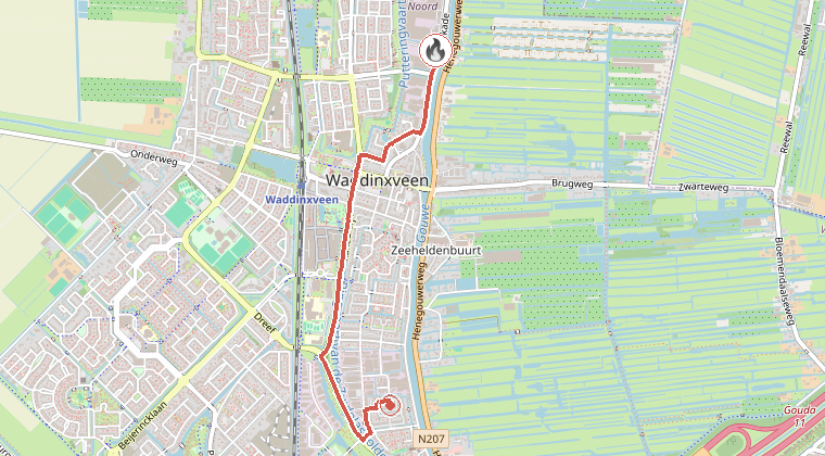 Kaart van de omgeving van de melding, met de kazerne die is gealarmeerd