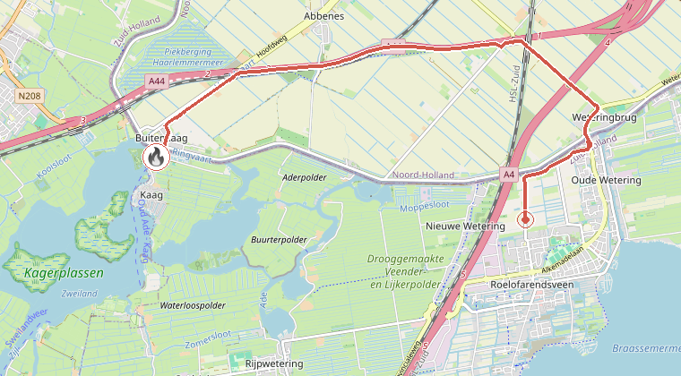 Kaart van de omgeving van de melding, met de kazerne die is gealarmeerd