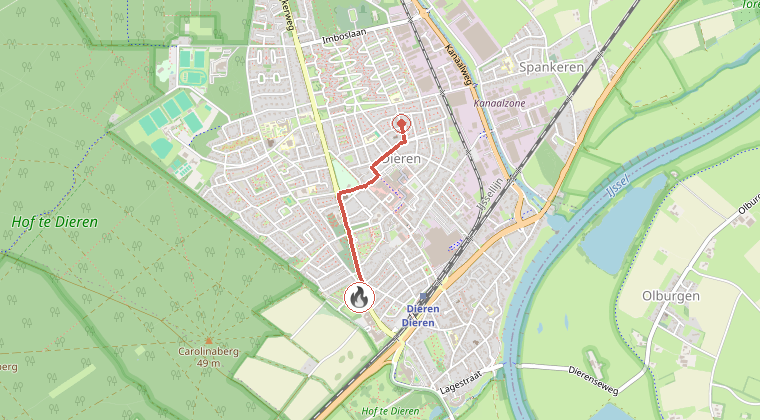 Kaart van de omgeving van de melding, met de kazerne die is gealarmeerd