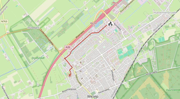 Kaart van de omgeving van de melding, met de kazerne die is gealarmeerd