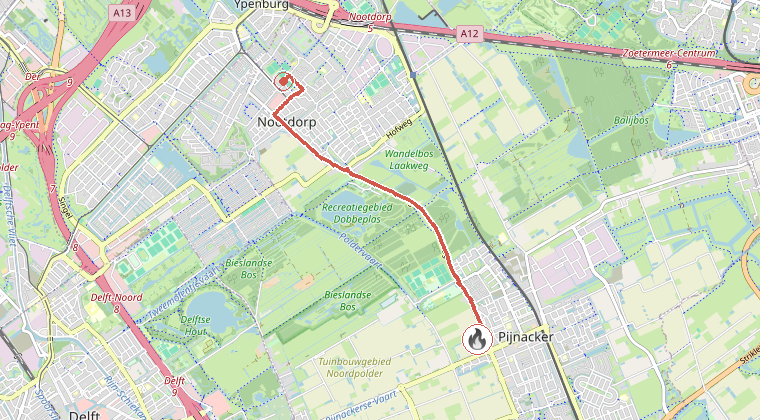 Kaart van de omgeving van de melding, met de kazerne die is gealarmeerd