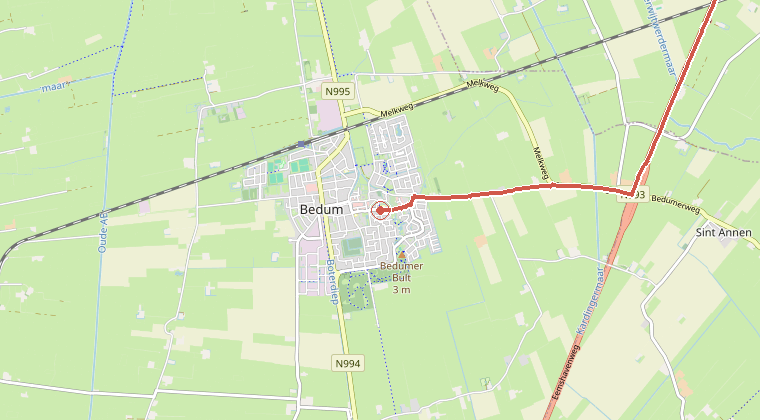 Kaart van de omgeving van de melding, met de kazerne die is gealarmeerd