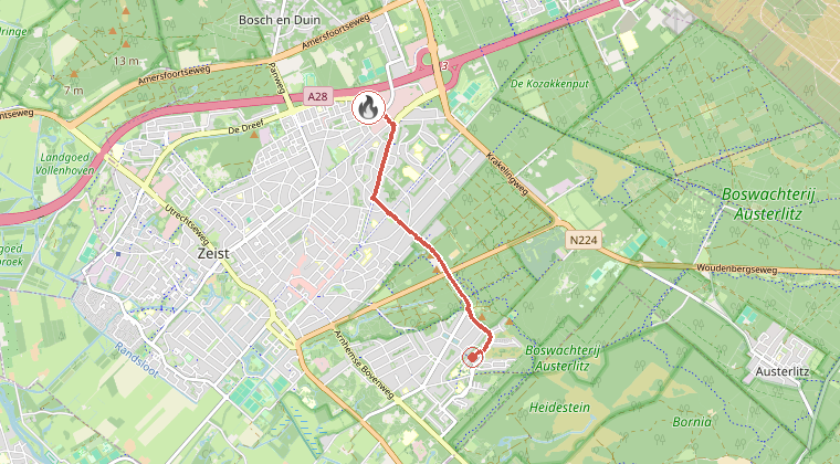 Kaart van de omgeving van de melding, met de kazerne die is gealarmeerd
