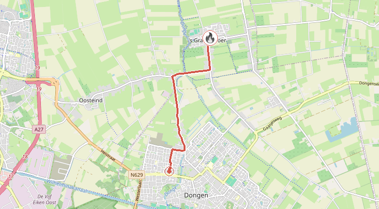 Kaart van de omgeving van de melding, met de kazerne die is gealarmeerd