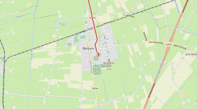 Kaart van de omgeving van de melding, met de kazerne die is gealarmeerd