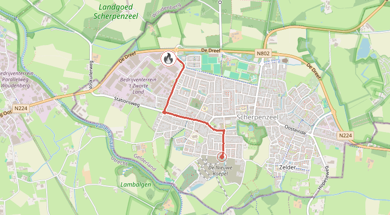 Kaart van de omgeving van de melding, met de kazerne die is gealarmeerd