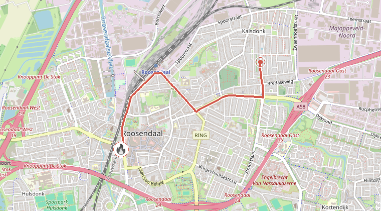 Kaart van de omgeving van de melding, met de kazerne die is gealarmeerd