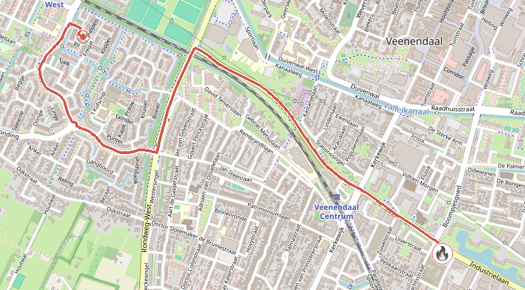 Kaart van de omgeving van de melding, met de kazerne die is gealarmeerd