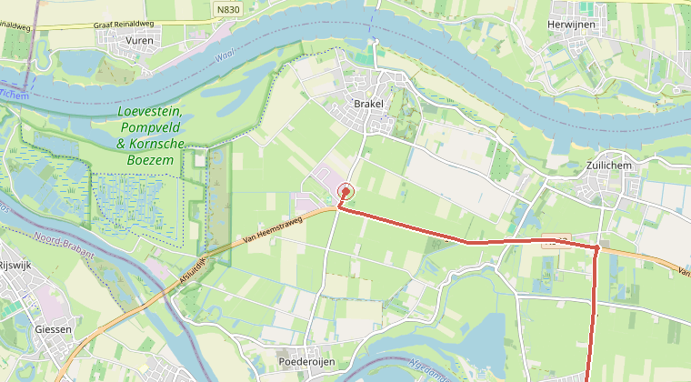 Kaart van de omgeving van de melding, met de kazerne die is gealarmeerd
