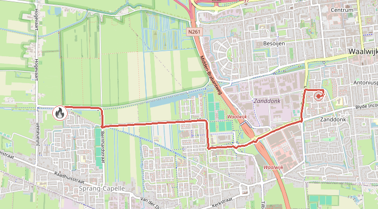 Kaart van de omgeving van de melding, met de kazerne die is gealarmeerd