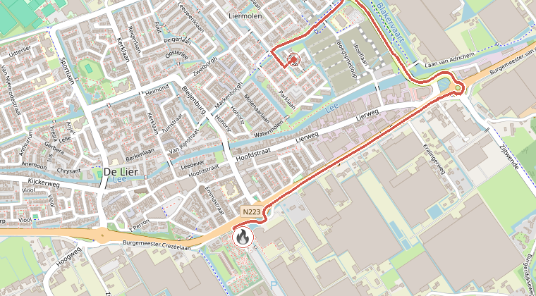 Kaart van de omgeving van de melding, met de kazerne die is gealarmeerd