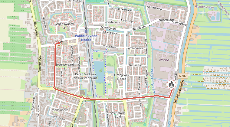 Kaart van de omgeving van de melding, met de kazerne die is gealarmeerd