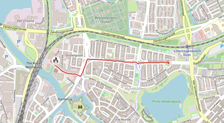 Kaart van de omgeving van de melding, met de kazerne die is gealarmeerd