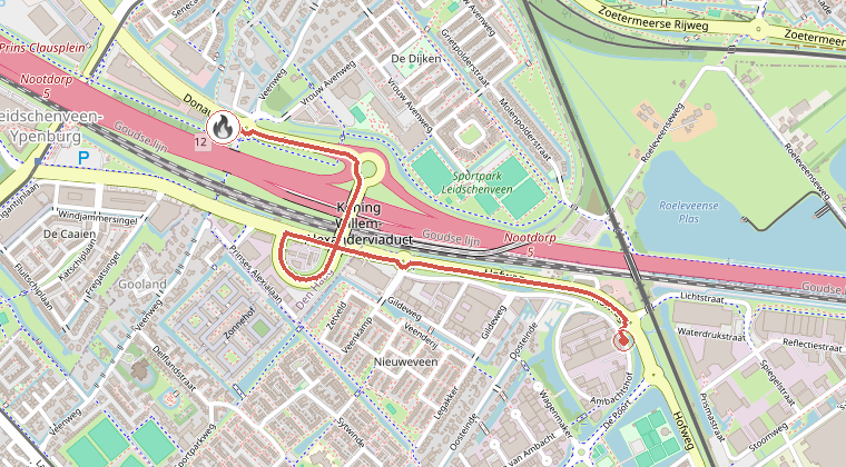Kaart van de omgeving van de melding, met de kazerne die is gealarmeerd