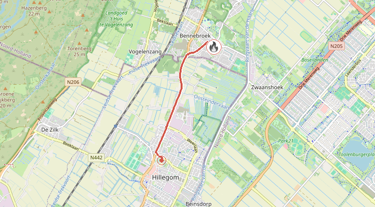 Kaart van de omgeving van de melding, met de kazerne die is gealarmeerd