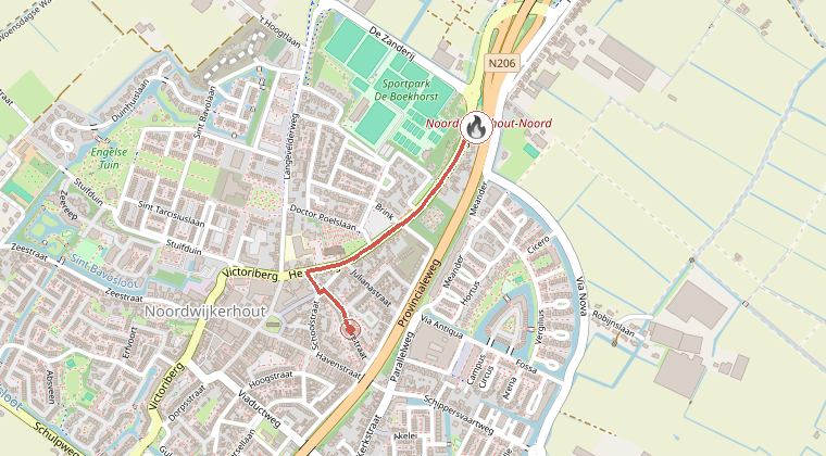 Kaart van de omgeving van de melding, met de kazerne die is gealarmeerd