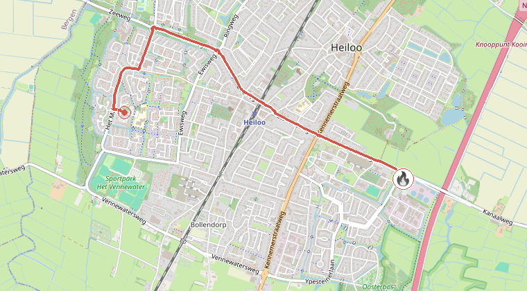 Kaart van de omgeving van de melding, met de kazerne die is gealarmeerd