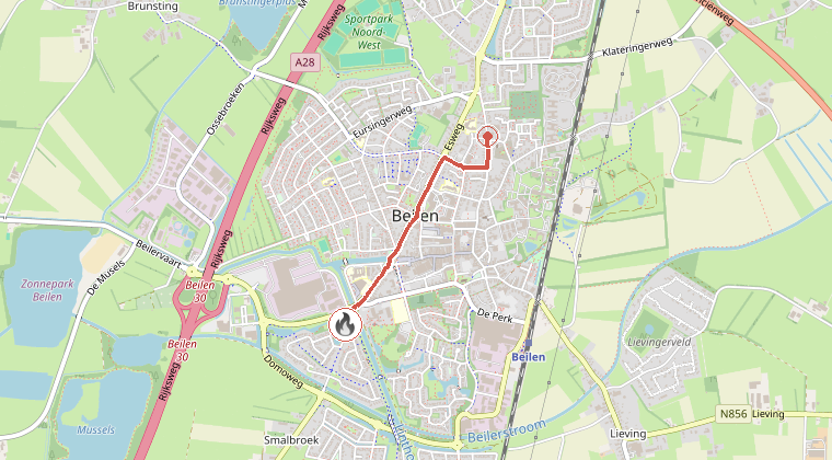 Kaart van de omgeving van de melding, met de kazerne die is gealarmeerd