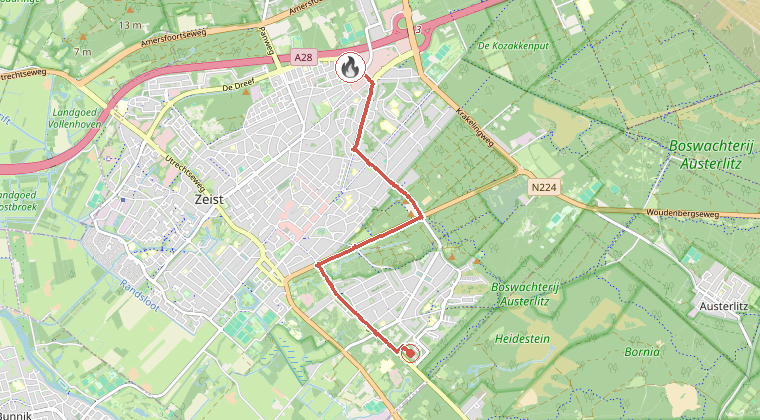 Kaart van de omgeving van de melding, met de kazerne die is gealarmeerd