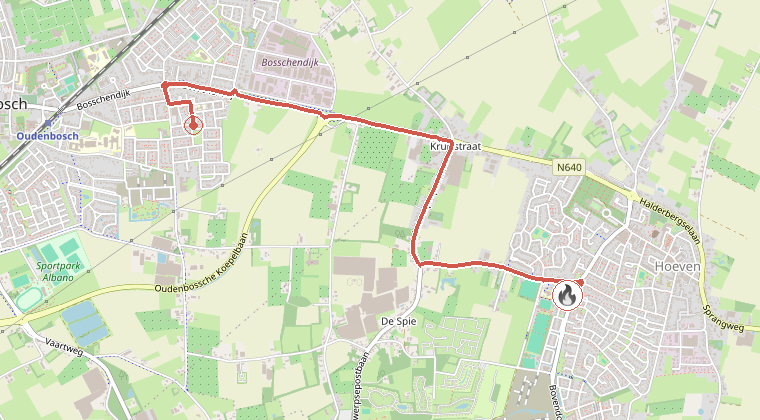 Kaart van de omgeving van de melding, met de kazerne die is gealarmeerd